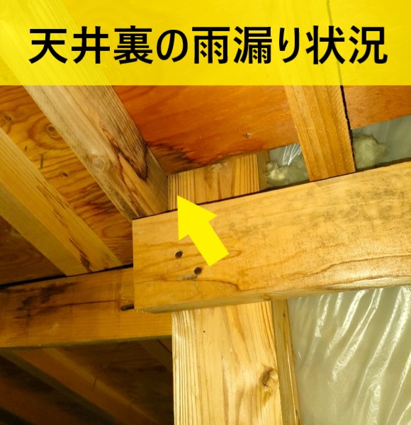 天井裏の雨漏り状況　漏電　ブレーカーが雨漏り